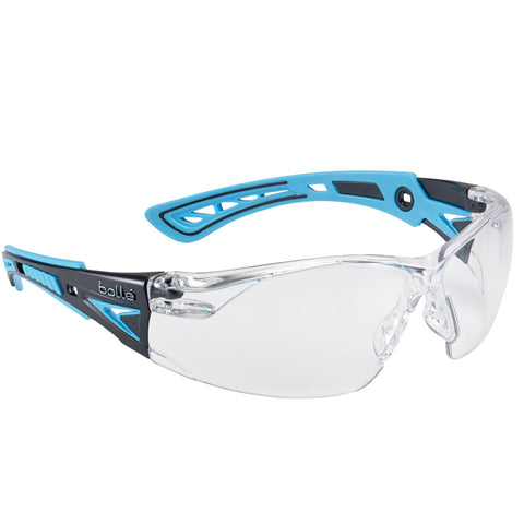 Lunettes de sécurité BOLLE SAFETY Rush+ Platinum équipées de verres incolores, offrant une protection exceptionnelle contre les rayures, le brouillard et les UV, idéales pour les environnements de travail exigeants et les professionnels cherchant confort et sécurité.