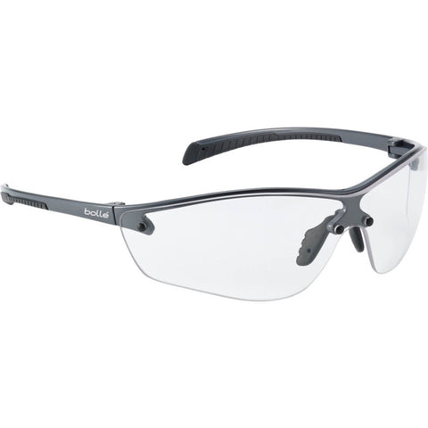 Lunettes de protection BOLLE SAFETY Silium+ avec verres incolores offrant une protection supérieure contre les impacts, avec design ultraléger et monture en métal, branches flexibles et plaquettes de nez ajustables pour un confort et une sécurité optimale, idéales pour utilisation intérieure et extérieure dans les environnements professionnels.