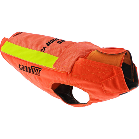 Gilet CaniHunt Protect Dog Armor V3 TECKEL vibrant orange, assurant protection renforcée anti-perforation et visibilité pour chiens de chasse, avec tissus CORDURA et Kevlar, adapté aux terrains exigeants et offrant confort optimal grâce à sa thermorégulation avancée.