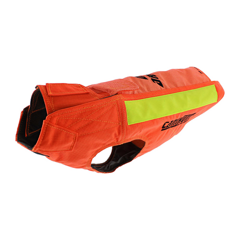 Gilet CaniHunt Protect Dog Armor V3 TECKEL vibrant orange, assurant protection renforcée anti-perforation et visibilité pour chiens de chasse, avec tissus CORDURA et Kevlar, adapté aux terrains exigeants et offrant confort optimal grâce à sa thermorégulation avancée.