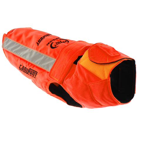 Gilet CaniHunt Protect Pro L'Original, gilet de protection orange fluo pour la visibilité, résistante et sécurisée pour chien de chasse, face externe en CORDURA 1100 DTEX, tissu anti-perforation, confort avec doublure thermo-régulatrice, protection contre perforations et débordements, sécurité et confort pour chien, ajustable avec systèmes de fermeture Zip et Velcro, équipement de chasse haute performance