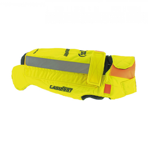 Gilet CaniHunt Protect Pro Cano, conçu pour la protection sécurisée et confortable des chiens de chasse, doté d'un tissu CORDURA ultra-résistant, protection balistique, scratch Velcro pour ajustement, doublure thermo-régulatrice, et bandes réfléchissantes pour une visibilité maximale.