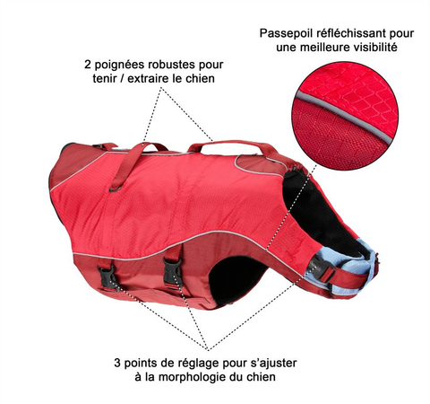 gilet de flottaison SURF N TURF™ sur un chien, flottant en sécurité lors d'activités nautiques comme le paddle et le canoë, avec poignées d'extraction et tissu Ripstop™ résistant, pour assurer la sécurité et le confort de votre animal dans l'eau