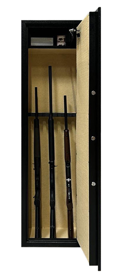 Coffre-fort de sécurité pour armes à feu, capacité de 8 armes avec lunette, corps en acier de 2mm avec porte doublée de 3mm, fermeture sécurisée à 5 cylindres, intérieur avec moquette beige, design ergonomique, dimensions 150x45x30 cm, poids 66 kg, idéal pour chasseurs et sécurité domestique.