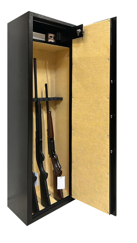 Coffre-fort de sécurité pour armes à feu, capacité de 8 armes avec lunette, corps en acier de 2mm avec porte doublée de 3mm, fermeture sécurisée à 5 cylindres, intérieur avec moquette beige, design ergonomique, dimensions 150x45x30 cm, poids 66 kg, idéal pour chasseurs et sécurité domestique.