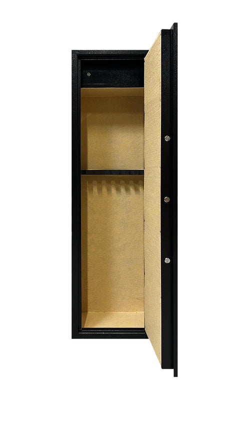 Coffre-fort de sécurité pour armes à feu, capacité de 8 armes avec lunette, corps en acier de 2mm avec porte doublée de 3mm, fermeture sécurisée à 5 cylindres, intérieur avec moquette beige, design ergonomique, dimensions 150x45x30 cm, poids 66 kg, idéal pour chasseurs et sécurité domestique.