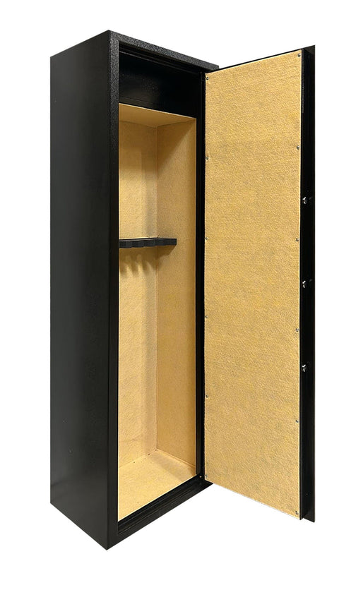 Coffre-fort de sécurité pour armes à feu, capacité de 8 armes avec lunette, corps en acier de 2mm avec porte doublée de 3mm, fermeture sécurisée à 5 cylindres, intérieur avec moquette beige, design ergonomique, dimensions 150x45x30 cm, poids 66 kg, idéal pour chasseurs et sécurité domestique.