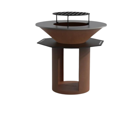 Brasero de jardin en acier Corten de 100 cm moderne, robuste, idéal pour barbecue, réunions en plein air et décoration extérieure. Doté de plaque de cuisson et espace de rangement pour bûches.