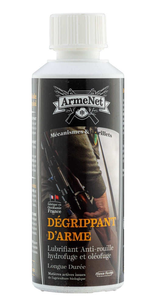 Bouteille de 250ml de Dégrippant d'Arme Armenet, nettoyant, lubrifiant, et protecteur de qualité pour armes à feu, offrant une protection complète contre la rouille et la corrosion pour une performance optimale