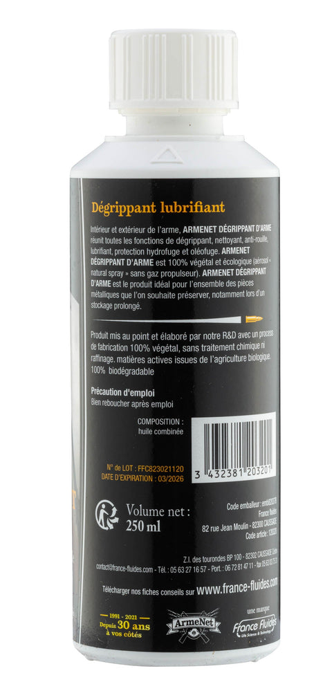 Bouteille de 250ml de Dégrippant d'Arme Armenet, nettoyant, lubrifiant, et protecteur de qualité pour armes à feu, offrant une protection complète contre la rouille et la corrosion pour une performance optimale