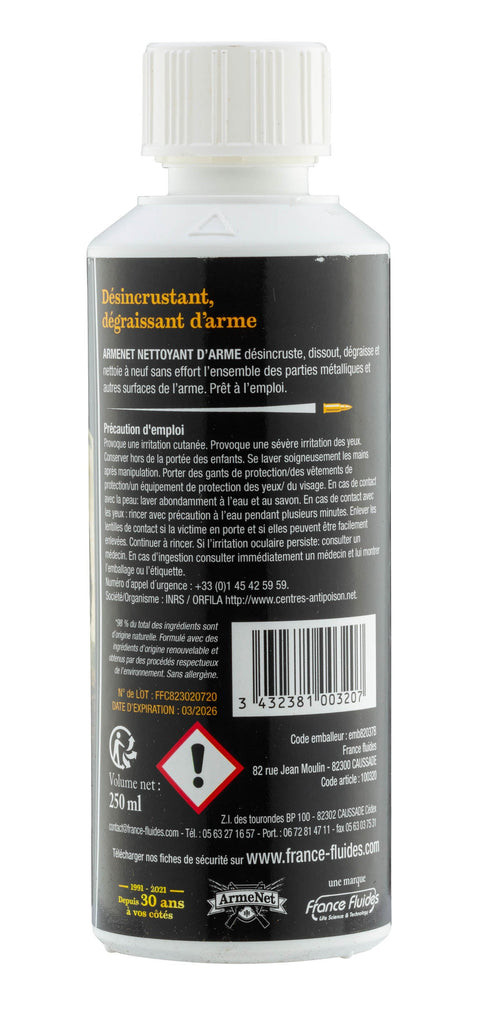 Nettoyant d'arme Armenet 250ml éliminant efficacement résidus de poudre, graisses et autres contaminants des armes à feu, assurant une performance de tir optimale tout en préservant l'intégrité des matériaux de l'arme.