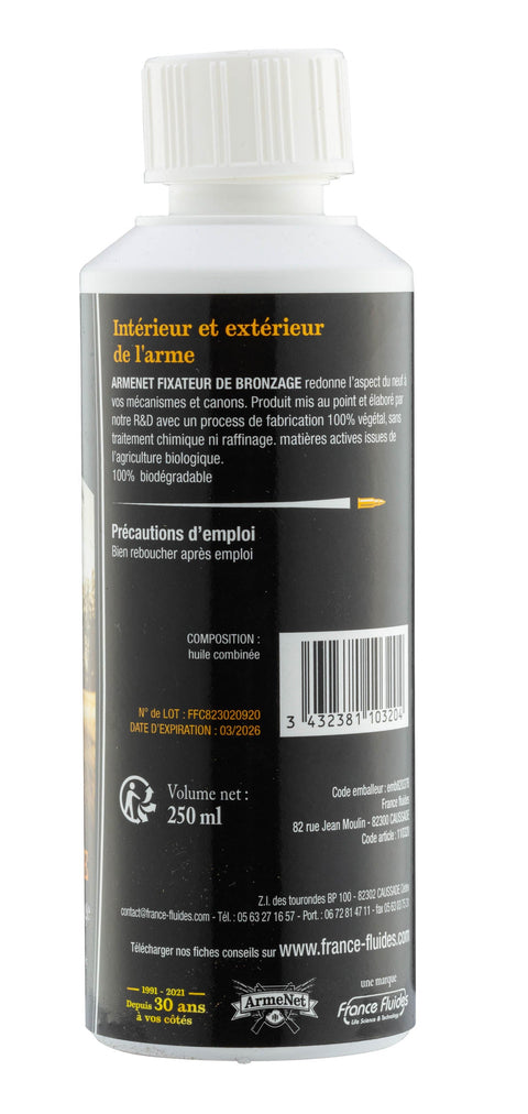 Image du Fixateur de Bronzage Armenet - 250ml, une solution de protection durable et résistante spécialement formulée pour les finitions de bronzage sur les pièces métalliques, idéale pour armuriers, restaurateurs et amateurs cherchant à prévenir l'usure et la corrosion tout en préservant l'esthétique des objets métalliques.