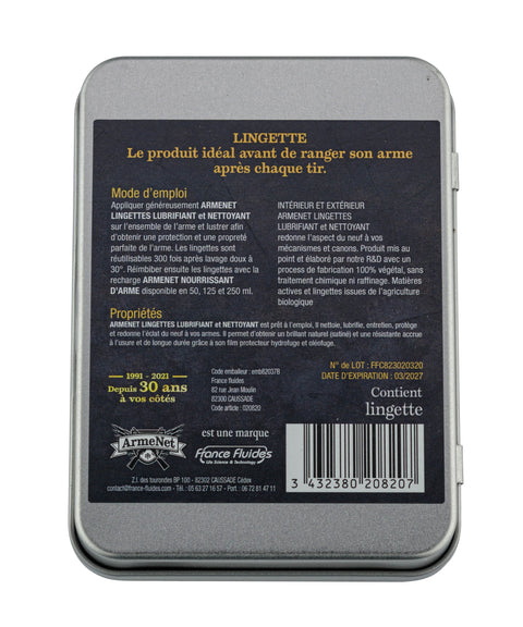 Lingettes Lubrifiant et Nettoyant Armenet Petit Modèle pour nettoyage rapide et lubrification des pièces métalliques, idéales pour armes à feu et équipements nécessitant un entretien régulier, format compact et pratique pour usage nomade.