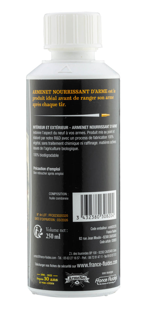 Nourrissant d'arme Armenet 250ml spécialisé pour hydrater, protéger et revitaliser le bois des armes à feu, offrant une protection durable et prévenant les fissures, idéal pour entretenir l'éclat naturel et assurer la longévité des parties en bois.