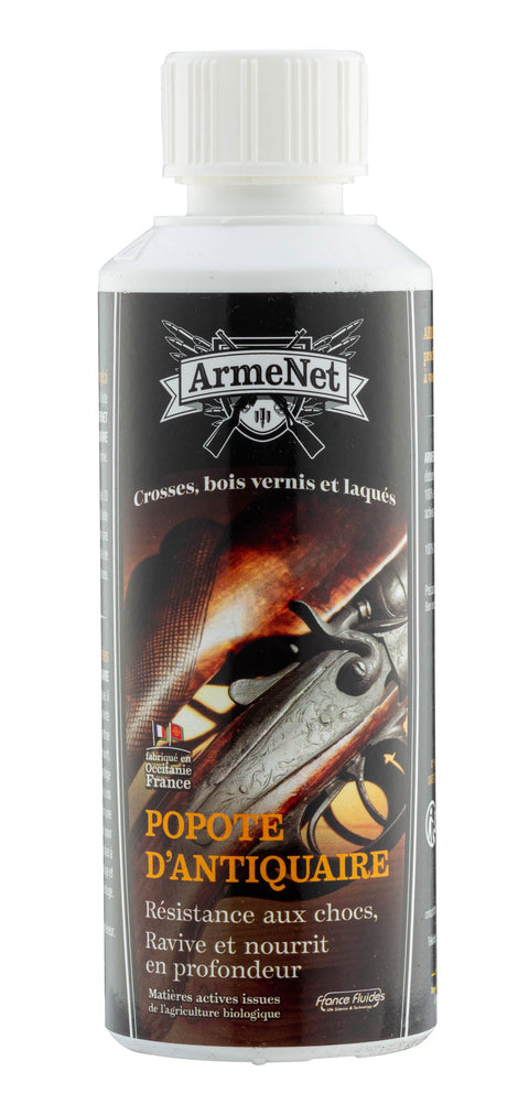 Flacon de 250ml de Popote d'antiquaire Armenet, idéal pour nettoyer, restaurer et protéger meubles et objets d'art anciens, ravivant leur éclat tout en préservant leur patine d'origine, convient pour bois, métal et autres matériaux, améliorant la conservation et esthétique des antiquités