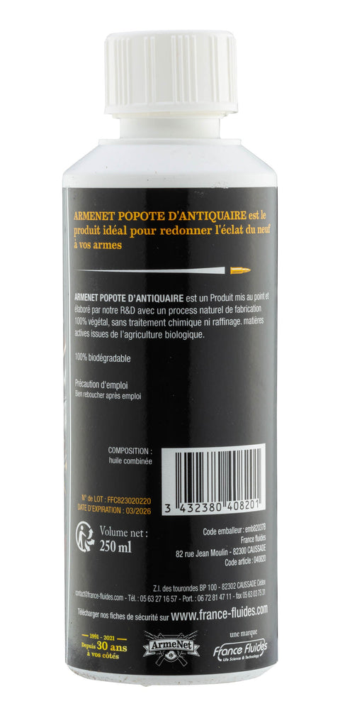 Flacon de 250ml de Popote d'antiquaire Armenet, idéal pour nettoyer, restaurer et protéger meubles et objets d'art anciens, ravivant leur éclat tout en préservant leur patine d'origine, convient pour bois, métal et autres matériaux, améliorant la conservation et esthétique des antiquités