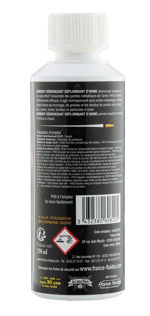 Image du flacon de 250ml de Débronzant - Déplombant Armenet, utilisé pour nettoyer et restaurer les surfaces métalliques en enlevant efficacement le bronzage et le plomb sans endommager le métal.
