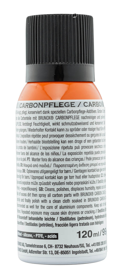 Nettoyant Carbone Brunox CarbonPfledge pour surfaces en carbone, idéal pour nettoyer et protéger des cadres de vélos, pièces de voiture et équipements sportifs et industriels, avec une formule non corrosive offrant longue durée et éclat exceptionnel.