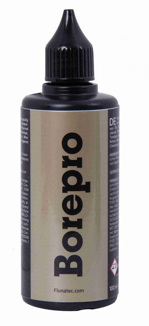 Image de FLUNATEC Bore Pro 100ml, nettoyant pour canons d'armes à feu, sur un fond neutre illustrant la facilité d'utilisation et l'efficacité dans le nettoyage des résidus de poudre et des dépôts de plomb des canons métalliques, garantissant une précision optimale lors de l'utilisation de l'arme.