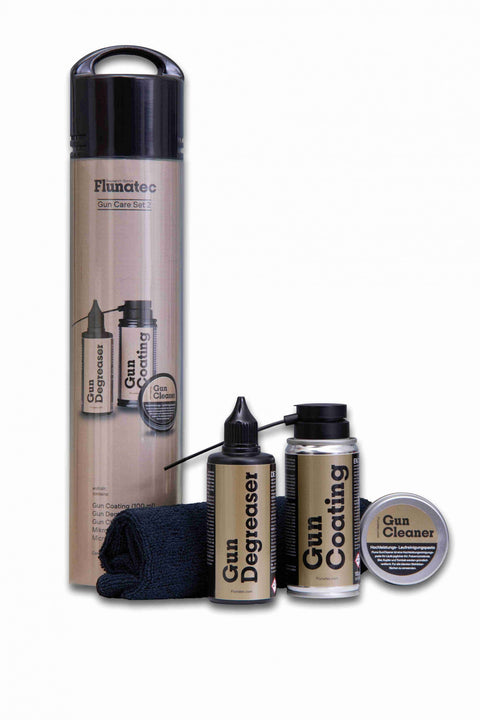 Complete FLUNATEC gun cleaning pack with ceramic surface treatment, degreaser, cleaner, and microfiber cloth for maintaining and protecting all types of firearms against corrosion and residue buildup.