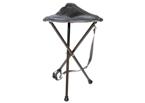 Trépied Januel en métal avec dessus en croûte de cuir marron, hauteur 65 cm, idéal pour photographies professionnelles et amateurs, assurant stabilité et style avec structure robuste, compatible appareils photo.