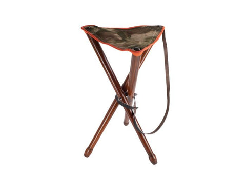 Trépied Januel en camouflage avec bord orange, hauteur 65 cm, idéal pour photographie de la nature, offre une visibilité accrue et une stabilité parfaite pour les photographes outdoor en quête de discrétion et de praticité