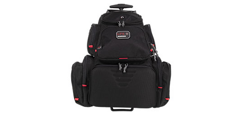 Sac à dos GPS à roulettes pour armes de poing, transport sécurisé avec poignée télescopique, roues à roulement à billes, râtelier en mousse amovible, et système d'organisation Visual I.D. pour un transport pratique et efficace vers le stand de tir