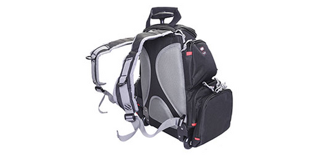 Sac à dos GPS à roulettes pour armes de poing, transport sécurisé avec poignée télescopique, roues à roulement à billes, râtelier en mousse amovible, et système d'organisation Visual I.D. pour un transport pratique et efficace vers le stand de tir