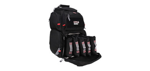 Sac à dos GPS Pistolero offrant un transport sécurisé et organisé pour 5 armes de poing avec compartiments multiples, étuis pour chargeurs, housse imperméable, et système Molle pour accessoires supplémentaires, idéal pour le stand de tir et tout déplacement lié aux activités de tir.