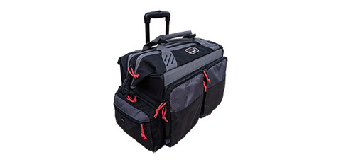 Sac de tir robuste GPS à roulettes avec grandes roues pour terrain difficile, idéal pour transporter armes de poing, munitions et accessoires en toute sécurité, équipé d'une poignée télescopique, multiples poches sécurisées, et rembourrage protecteur pour équipement de tir