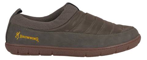 Pantoufles Browning Hudson confortables et durables en nylon avec garnitures synthétiques, couleur chêne Moassy Breakup Country et noir, doublure en polaire brossée avec Microban, disponibles en tailles S (39-40) à XL (45-46) et semelle extérieure en caoutchouc générique, idéales pour chasseurs et amateurs de plein air.