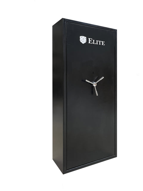 Heavy-duty steel gun safe with reinforced anti-theft door, accommodating 8 or 16 scoped weapons, featuring modular adjustable shelves, electronic keypad lock with key backup, designed for secure long gun storage. Perfect for firearm safety with protective interior and ergonomic handle.