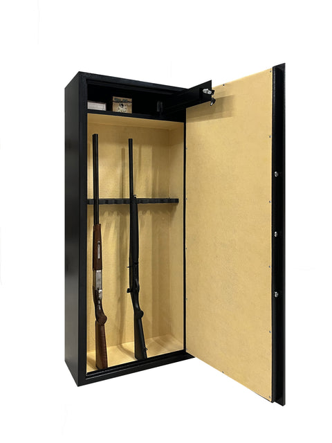 Large capacity gun safe for scoped rifles, featuring reinforced steel, anti-burglary door, ergonomic 3-branch handle, and independent interior lock. Dimensions: 150x65x30 cm, weight: 85 kg. Ideal for secure firearm storage and home protection.