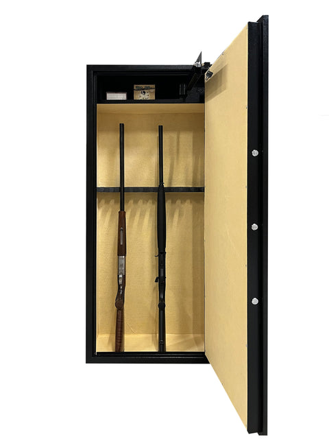 Large capacity gun safe for scoped rifles, featuring reinforced steel, anti-burglary door, ergonomic 3-branch handle, and independent interior lock. Dimensions: 150x65x30 cm, weight: 85 kg. Ideal for secure firearm storage and home protection.