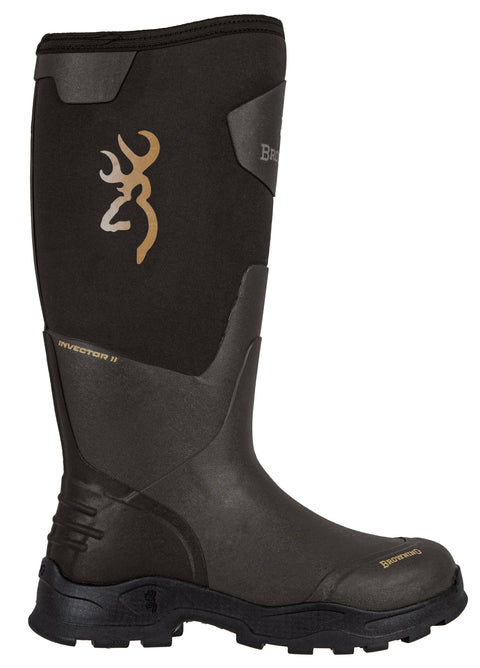 Bottes de chasse imperméables Browning Invector II en néoprène avec semelle Trak adhérente, offrant confort et protection aux explorateurs en plein air, motif camouflage et logo Browning visibles