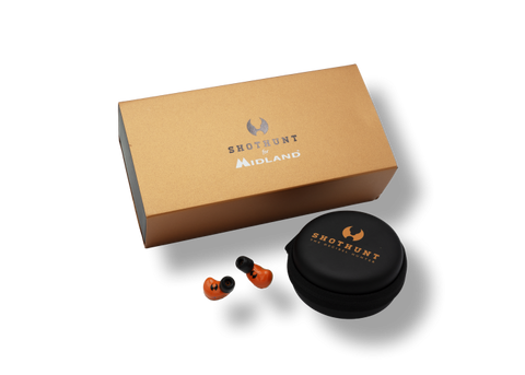Protections d'oreilles Midland Shothunt Wireless avec amplification sonore pour chasse et tir sportif, design compact et hydrophobe basé sur nanotechnologie, compatibles avec Midland G9, offrant une protection auditive optimale, fabriquées en Italie