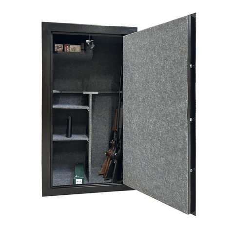 Coffre-fort en acier anti-effraction avec serrure électronique et digicode, équipé de portes renforcées, étagères modulables, et compartiment pour armes, idéal pour la sécurité domestique et professionnelle. Dimensions 150x83x67 cm.