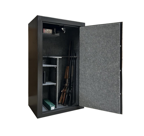 Coffre-fort en acier anti-effraction avec serrure électronique et digicode, équipé de portes renforcées, étagères modulables, et compartiment pour armes, idéal pour la sécurité domestique et professionnelle. Dimensions 150x83x67 cm.