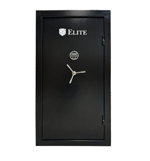 Coffre-fort en acier anti-effraction avec serrure électronique et digicode, équipé de portes renforcées, étagères modulables, et compartiment pour armes, idéal pour la sécurité domestique et professionnelle. Dimensions 150x83x67 cm.