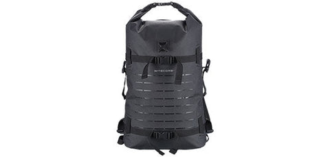 Nitecore WDB20 waterproof backpack with 20-liter capacity, featuring TPU 600D and TPU 210D materials, IPX-6 standard for maximum water protection, equipped with YKK zippers and Duraflex UTX buckles, compatible with MOLLE system, designed for outdoor and aquatic adventures