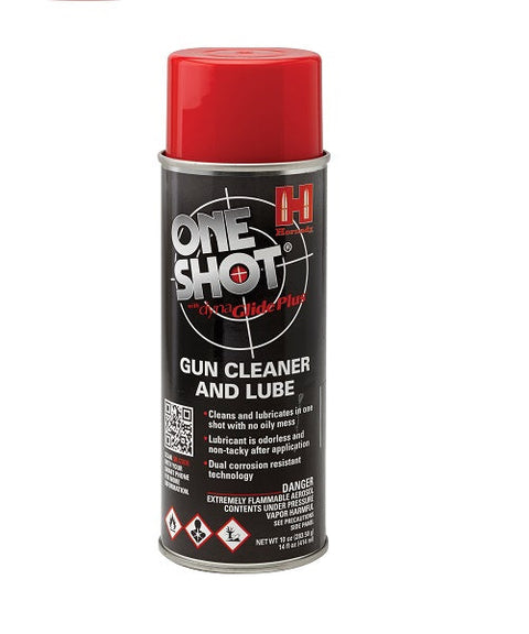 Image du nettoyant et lubrifiant pour armes à feu Hornady One Shot avec DynaGlide Plus, conçu pour prévenir les dysfonctionnements liés à l'accumulation de lubrifiants et de saletés, idéal pour l'entretien sûr et efficace des armes à feu.