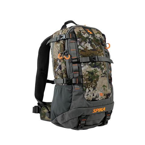 Sac à dos Spika Camo Biarri Pro Hunter de 25 litres, conçu pour les chasseurs avec design camouflage, multiples poches de rangement, et dos rembourré offrant confort et intégration parfaite dans l'environnement naturel