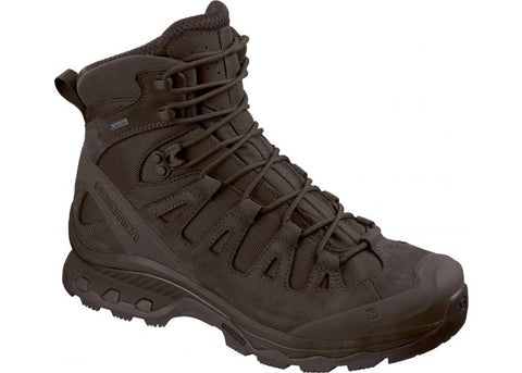 Chaussures Salomon Quest 4D GTX Forces 2 pour terrains accidentés de couleur noire, dotées d'une membrane GORE-TEX imperméable, semelle anti-glisse Contagrip, robustes et conçues pour résistance, avec cuir épais de 2mm, idéales pour randonnées complexes et utilisations tactiques.
