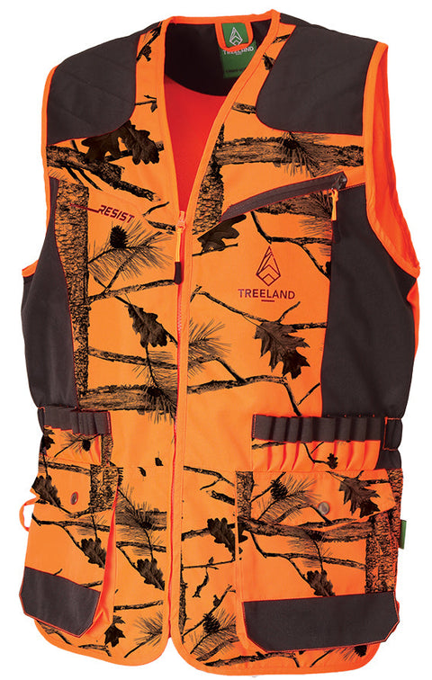 Gilet de chasse Treeland camo orange avec résistance anti-ronce et haute visibilité en polyester, idéal pour battues et chasse en sous-bois, doté de multiples rangements pratiques pour munitions, radio, et documents personnels, manches conçues pour confort et fonctionnalité sur le terrain.