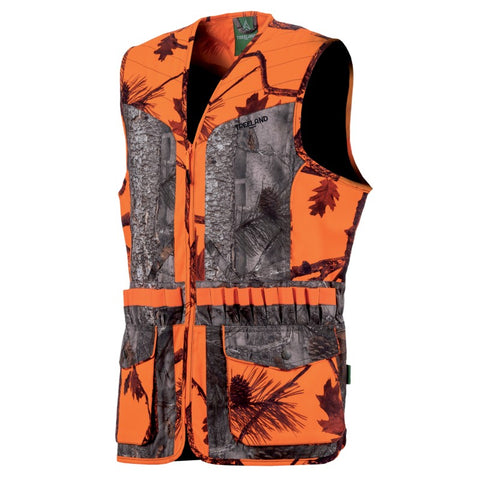 "Gilet camouflage femme Treeland, design élégant en orange et vert forest, modèle T600LADY, parfait pour la chasse et la randonnée."