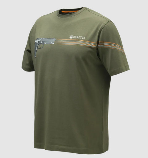 T-shirt homme en coton élastique Beretta 92 avec graphisme distinctif, idéal pour l'entraînement, les activités en extérieur et l'usage quotidien, offrant confort et flexibilité dans un style polyvalent.
