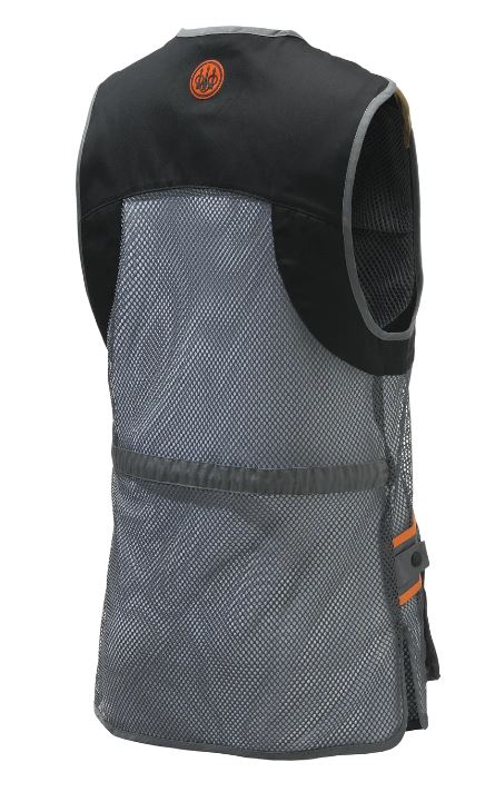 Gilet de tir Beretta Full Mesh en filet respirant avec bande d’épaule en coton, idéal pour le tir sportif par temps chaud, poches avant pour cartouches et attache casque, disponible en plusieurs coloris et tailles
