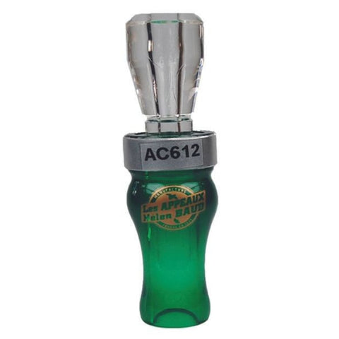 Appeau à Colvert double lamelle avec excellente tonalité et puissance sonore, couleur verte avec aluminium, fabriqué en polycarbonate et polyamide 30%, idéal pour les chasseurs cherchant un dispositif efficace et professionnel, conditionné en blister.