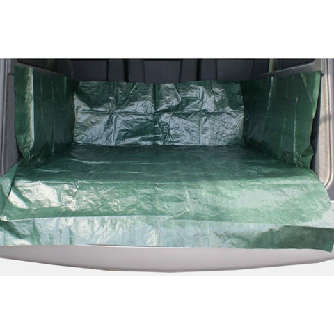 Grande bâche de coffre en polyéthylène kaki avec ganse et broderie beige, taille universelle adaptée aux coffres de 4x4 et monospaces, protège le plancher et le pare-choc des rayures lors du chargement et déchargement.