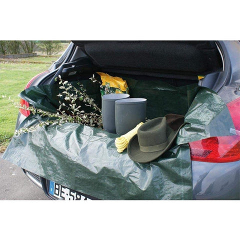 Grande bâche de coffre en polyéthylène kaki avec ganse et broderie beige, taille universelle adaptée aux coffres de 4x4 et monospaces, protège le plancher et le pare-choc des rayures lors du chargement et déchargement.